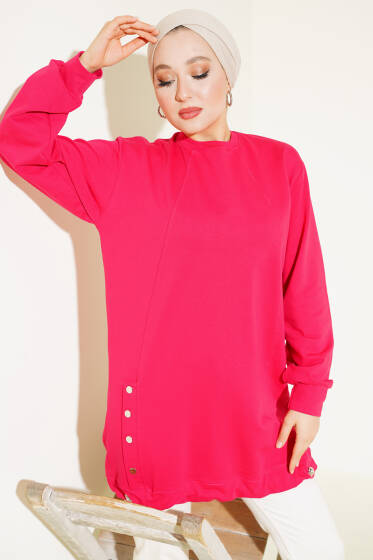 Lastikli Kenar Düğmeli Tunik Fuşya - Tunik