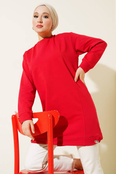 Lastikli Kenar Düğmeli Tunik Kırmızı - Tunik