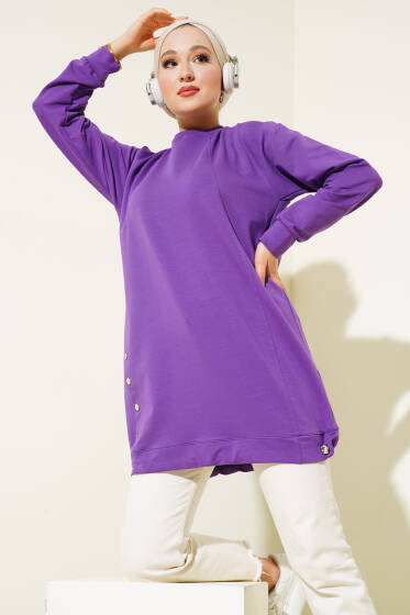 Lastikli Kenar Düğmeli Tunik Lila - Tunik