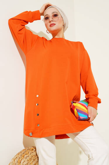 Lastikli Kenar Düğmeli Tunik Oranj - Tunik