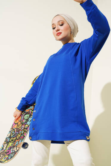 Lastikli Kenar Düğmeli Tunik Saks - Tunik