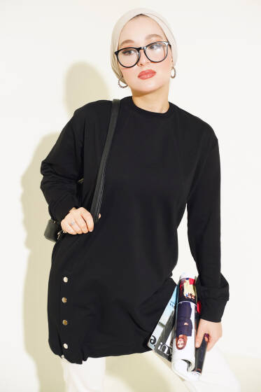 Lastikli Kenar Düğmeli Tunik Siyah - Tunik
