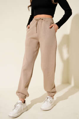 Lastikli Üç İplik Jogger Pantolon Vizon 