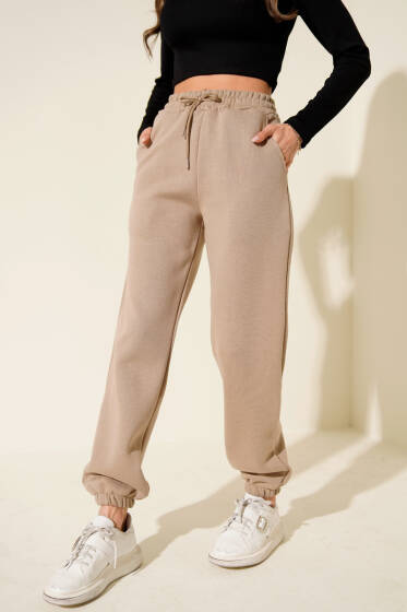 Lastikli Üç İplik Jogger Pantolon Vizon - Kadın Giyim Modelleri