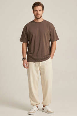 Lazer Kesim Basic Erkek T-shirt Kahve - Erkek T-shirt