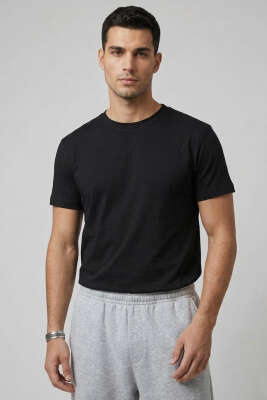 Lazer Kesim Basic Erkek T-shirt Siyah - GİESTO