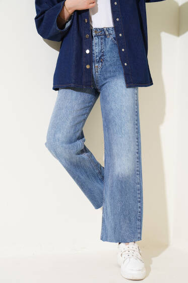 Lazer Kesim Bol Paça Pantolon Orta Mavi Kar - Pantolon