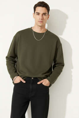 Lazer Kesim Uzun Kollu Sweatshirt Haki 