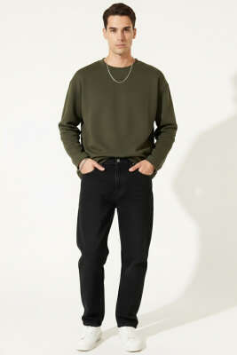 Lazer Kesim Uzun Kollu Sweatshirt Haki - Erkek Sweatshirt