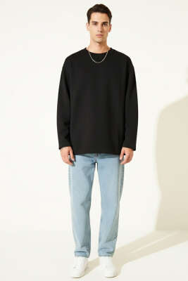 Lazer Kesim Uzun Kollu Sweatshirt Siyah - Erkek Sweatshirt