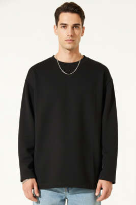 Lazer Kesim Uzun Kollu Sweatshirt Siyah 
