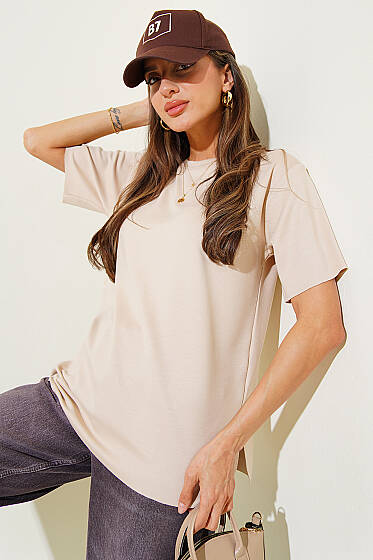 Lazer Kesimli Basic T-shirt Bej - Kadın Giyim Modelleri