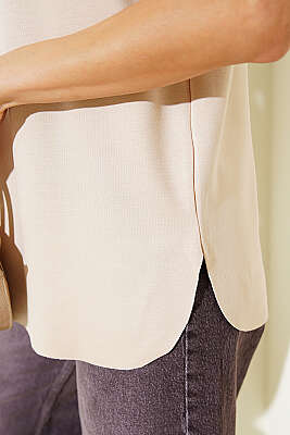 Lazer Kesimli Basic T-shirt Bej - Kadın Giyim Modelleri