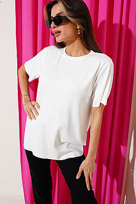 Lazer Kesimli Basic T-shirt Ekru - Kadın Giyim Modelleri