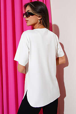 Lazer Kesimli Basic T-shirt Ekru - Kadın Giyim Modelleri