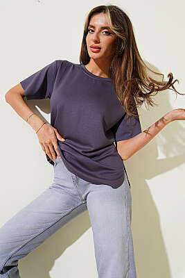 Lazer Kesimli Basic T-shirt Füme - Kadın Giyim Modelleri