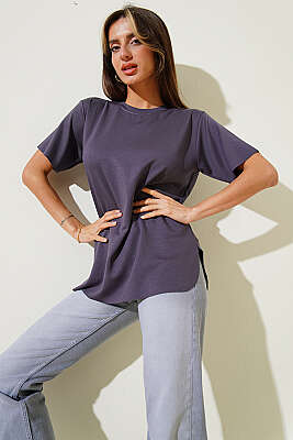 Lazer Kesimli Basic T-shirt Füme - Kadın Giyim Modelleri