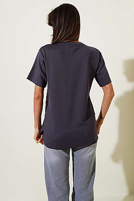 Lazer Kesimli Basic T-shirt Füme - Kadın Giyim Modelleri