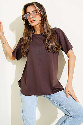 Lazer Kesimli Basic T-shirt Kahve 