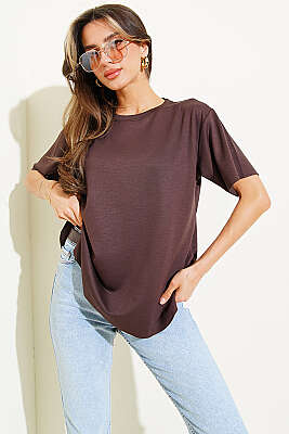 Lazer Kesimli Basic T-shirt Kahve - Kadın Giyim Modelleri