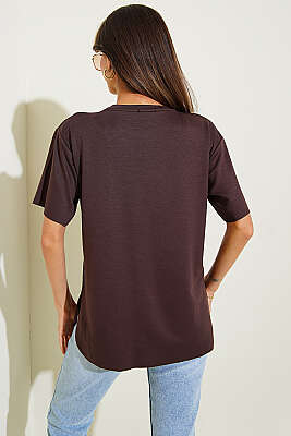 Lazer Kesimli Basic T-shirt Kahve - Kadın Giyim Modelleri