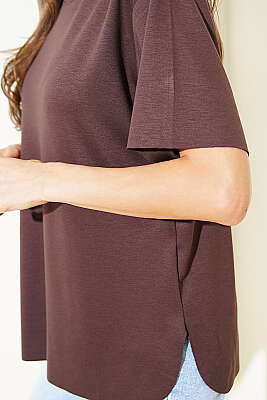 Lazer Kesimli Basic T-shirt Kahve - Kadın Giyim Modelleri