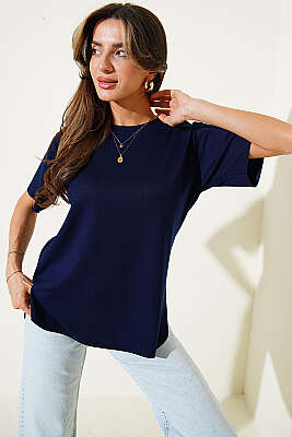 Lazer Kesimli Basic T-shirt Lacivert 