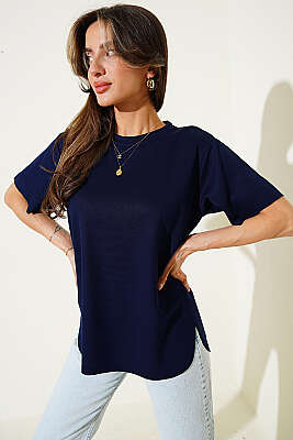 Lazer Kesimli Basic T-shirt Lacivert - Kadın Giyim Modelleri