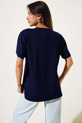 Lazer Kesimli Basic T-shirt Lacivert - Kadın Giyim Modelleri