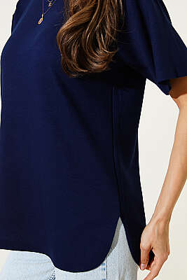 Lazer Kesimli Basic T-shirt Lacivert - Kadın Giyim Modelleri