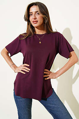 Lazer Kesimli Basic T-shirt Mürdüm - Kadın Giyim Modelleri