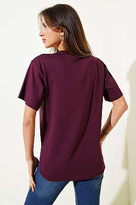 Lazer Kesimli Basic T-shirt Mürdüm - Kadın Giyim Modelleri