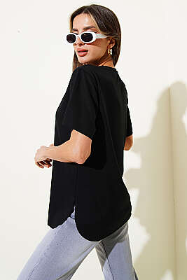Lazer Kesimli Basic T-shirt Siyah 