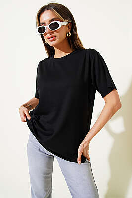 Lazer Kesimli Basic T-shirt Siyah - Kadın Giyim Modelleri