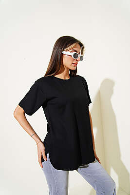 Lazer Kesimli Basic T-shirt Siyah - Kadın Giyim Modelleri