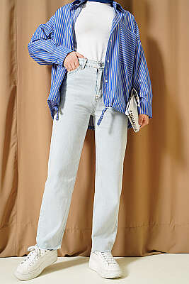 Lazer Paça Mom Fit Kot Pantolon Buz Mavisi - BLUE HİLL(ZER)