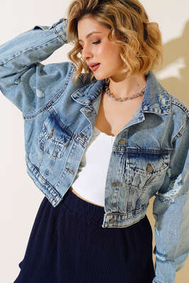 Lazerli Kısa Kot Ceket Mavi - LUSTRİN