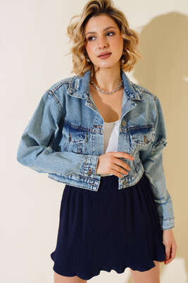 Lazerli Kısa Kot Ceket Mavi - Kadın Giyim Modelleri