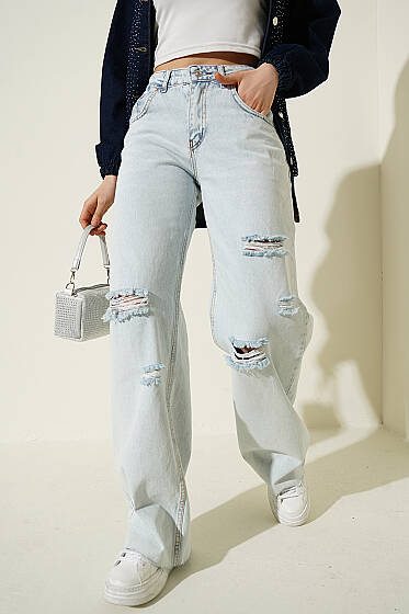 Lazerli Palazzo Kot Pantolon Açık Kar - Kadın Giyim Modelleri