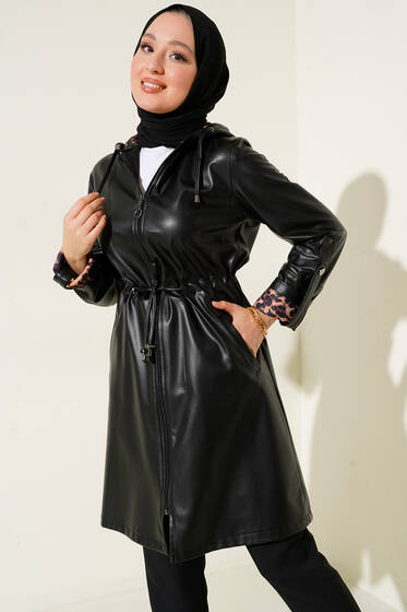Leopar Astar Detaylı Deri Trençkot Siyah - Trençkot