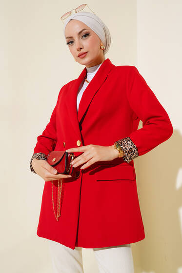 Leopar Astarlı Blazer Ceket Kırmızı - Ceket