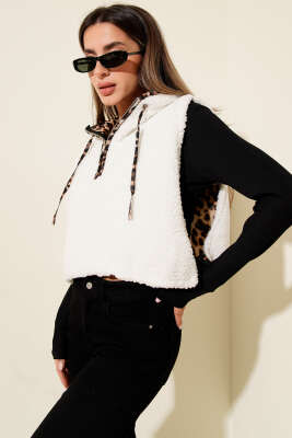 Leopar Astarlı Peluş Kısa Yelek Ekru - TİLLE