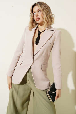 Leopar Astarlı Tek Düğme Blazer Ceket Bej - HELLIE