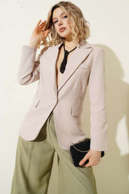 Leopar Astarlı Tek Düğme Blazer Ceket Bej - Kadın Giyim Modelleri