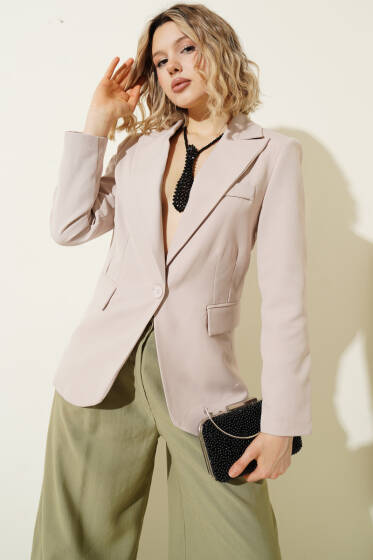 Leopar Astarlı Tek Düğme Blazer Ceket Bej - Kadın Giyim Modelleri