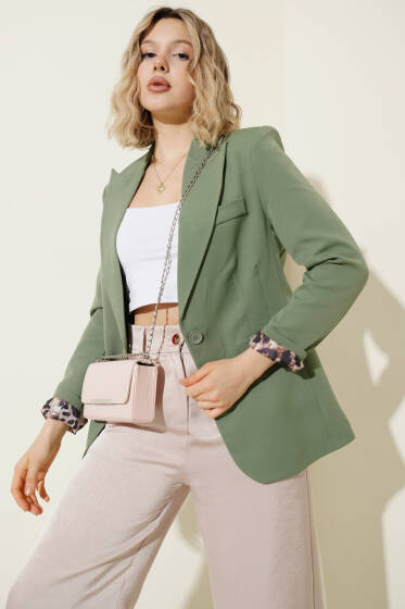 Leopar Astarlı Tek Düğme Blazer Ceket Çağla Yeşili - Kadın Giyim Modelleri