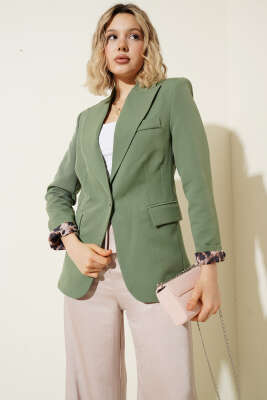 Leopar Astarlı Tek Düğme Blazer Ceket Çağla Yeşili - Kadın Giyim Modelleri