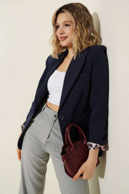 Leopar Astarlı Tek Düğme Blazer Ceket Lacivert - Kadın Giyim Modelleri