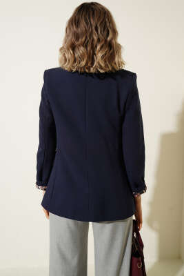 Leopar Astarlı Tek Düğme Blazer Ceket Lacivert - Kadın Giyim Modelleri