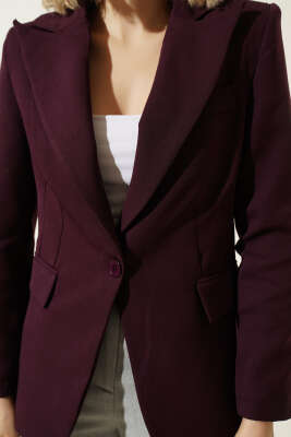 Leopar Astarlı Tek Düğme Blazer Ceket Mürdüm - Kadın Giyim Modelleri